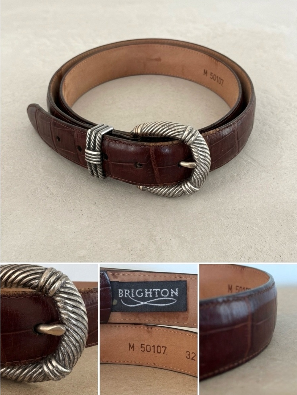 Brighton Vintage Croc Embossed Leather Belt Silver Western Buckle Brown M